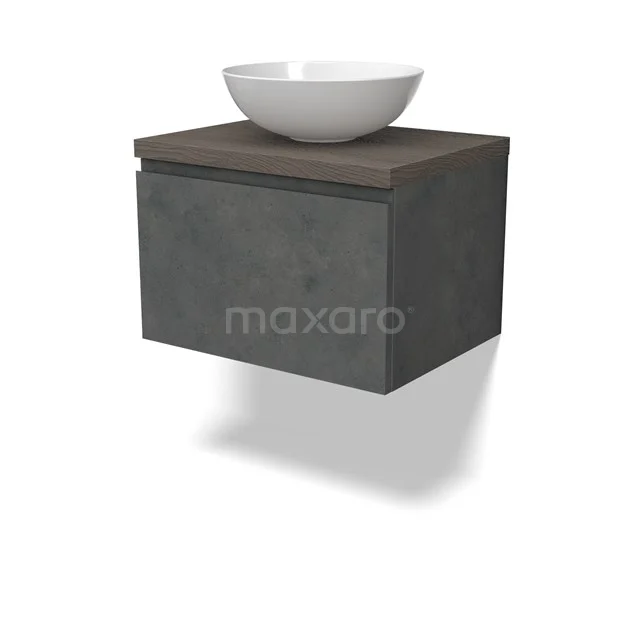 Modulo Plato Badmöbel mit Aufsatzwaschbecken | 60 cm Dunkelgrauer Beton Grifflos front Dunkelbraune Eiche blatt 1 Schublade BMK11-02903