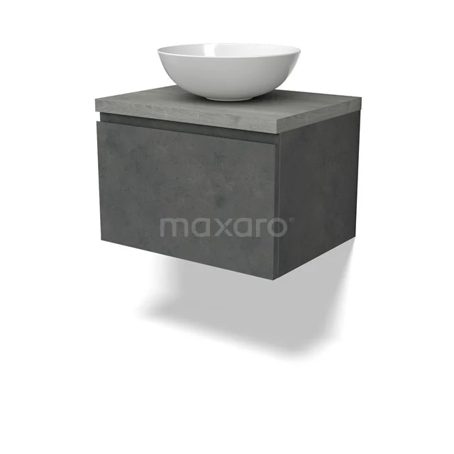 Modulo Plato Badmöbel mit Aufsatzwaschbecken | 60 cm Dunkelgrauer Beton Grifflos front Graue Eiche blatt 1 Schublade BMK11-02904