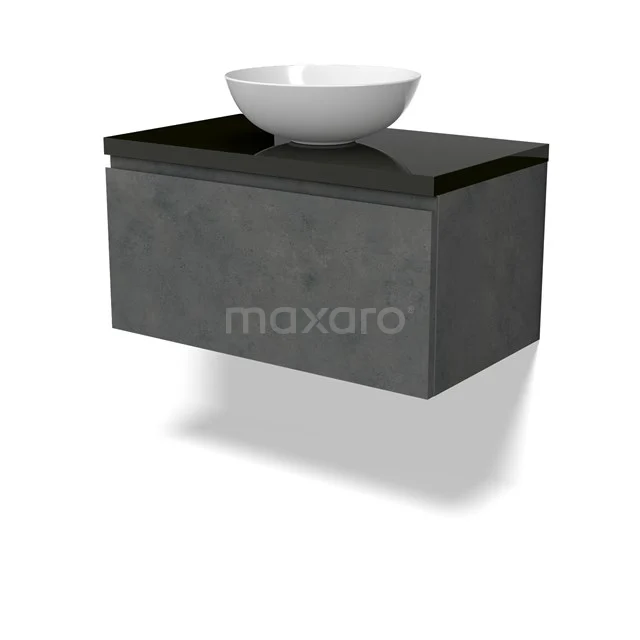 Modulo Plato Badmöbel mit Aufsatzwaschbecken | 80 cm Dunkelgrauer Beton Grifflos front Hochglanz Schwarz blatt 1 Schublade BMK11-02913