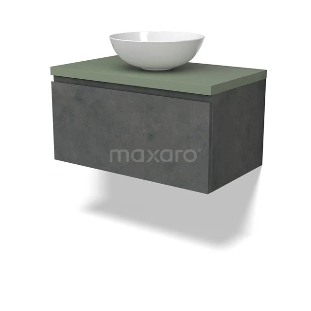 Modulo Plato Badmöbel mit Aufsatzwaschbecken | 80 cm Dunkelgrauer Beton Grifflos front Salbeigrün blatt 1 Schublade BMK11-02914