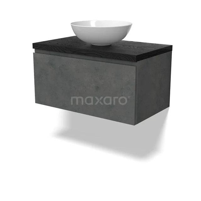 Modulo Plato Badmöbel mit Aufsatzwaschbecken | 80 cm Dunkelgrauer Beton Grifflos front Schwarze Eiche blatt 1 Schublade BMK11-02915