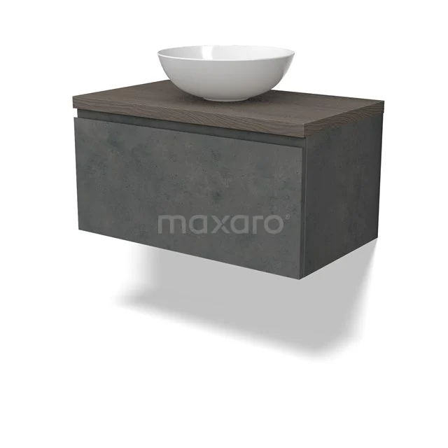 Modulo Plato Badmöbel mit Aufsatzwaschbecken | 80 cm Dunkelgrauer Beton Grifflos front Dunkelbraune Eiche blatt 1 Schublade BMK11-02920