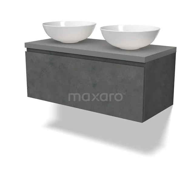 Modulo Plato Badmöbel mit Aufsatzwaschbecken | 100 cm Dunkelgrauer Beton Grifflos front Mittelgrau blatt 1 Schublade BMK11-02926