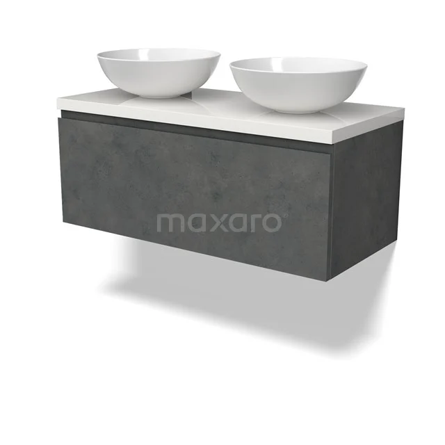 Modulo Plato Badkamermeubel voor waskom | 100 cm Donkergrijs beton Greeploos front Hoogglans wit blad 1 lade BMK11-02927