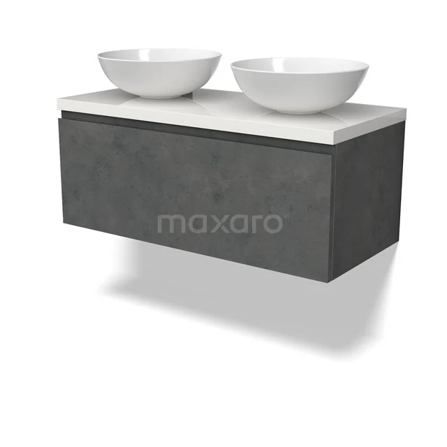 Modulo Plato Vanity units for countertop basin | 100 cm Dark grey concrete Handle-less front High-gloss white worktop 1 drawer BMK11-02927