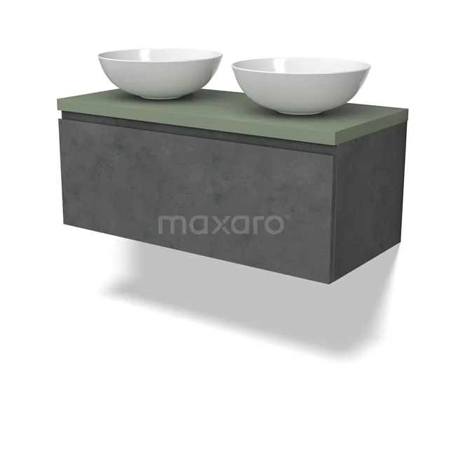 Modulo Plato Badmöbel mit Aufsatzwaschbecken | 100 cm Dunkelgrauer Beton Grifflos front Salbeigrün blatt 1 Schublade BMK11-02931