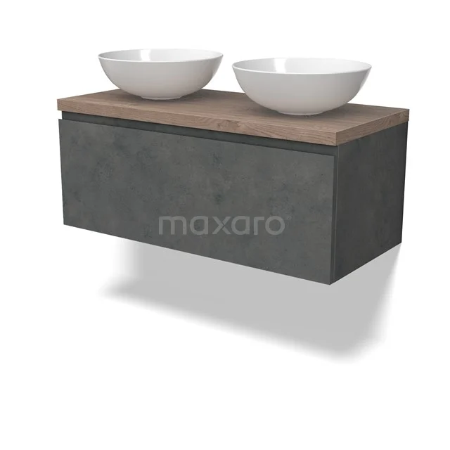 Modulo Plato Badmöbel mit Aufsatzwaschbecken | 100 cm Dunkelgrauer Beton Grifflos front Mittelbraune Eiche blatt 1 Schublade BMK11-02936