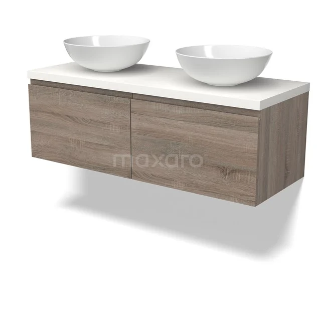 Modulo Plato Badmöbel mit Aufsatzwaschbecken | 120 cm Eiche Grifflos front Matt Weiß blatt 2 nebeneinanderliegende Schubladen BMK12-01791