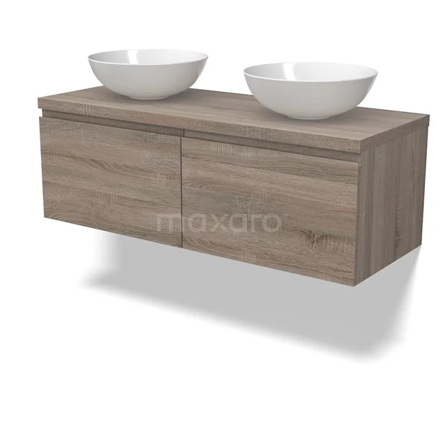 Modulo Plato Badmöbel mit Aufsatzwaschbecken | 120 cm Eiche Grifflos front Eiche blatt 2 nebeneinanderliegende Schubladen BMK12-01796