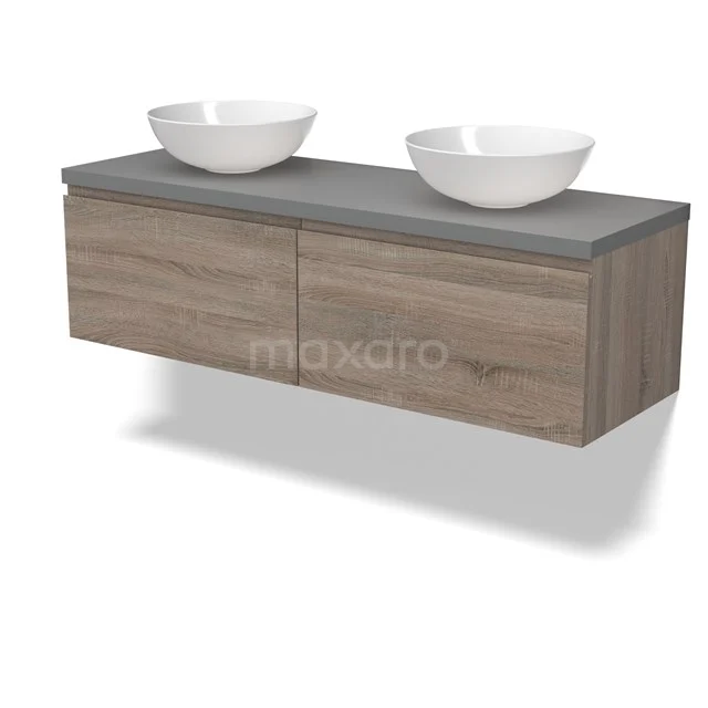 Modulo Plato Badmöbel mit Aufsatzwaschbecken | 140 cm Eiche Grifflos front Mittelgrau blatt 2 nebeneinanderliegende Schubladen BMK12-01805