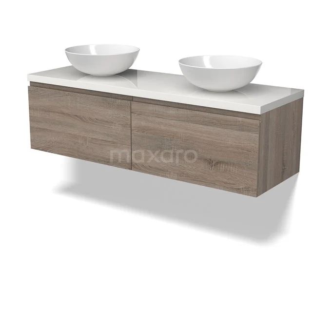 Modulo Plato Badmöbel mit Aufsatzwaschbecken | 140 cm Eiche Grifflos front Hochglanz Weiß blatt 2 nebeneinanderliegende Schubladen BMK12-01806