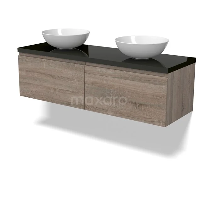 Modulo Plato Vanity units for countertop basin | 140 cm Oak Handle-less front High-gloss black worktop 2 Side-by-side drawers BMK12-01809