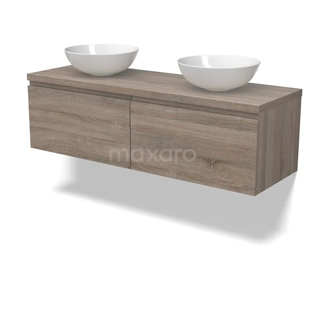 Modulo Plato Badmöbel mit Aufsatzwaschbecken | 140 cm Eiche Grifflos front Eiche blatt 2 nebeneinanderliegende Schubladen BMK12-01810