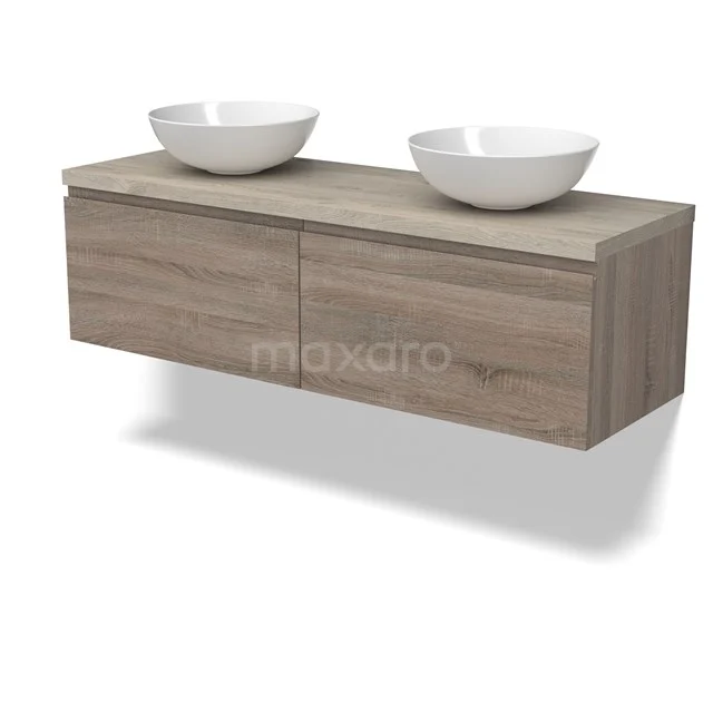 Modulo Plato Badmöbel mit Aufsatzwaschbecken | 140 cm Eiche Grifflos front Hellgraue Eiche blatt 2 nebeneinanderliegende Schubladen BMK12-01811