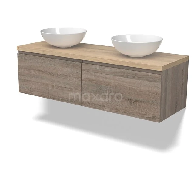 Modulo Plato Badmöbel mit Aufsatzwaschbecken | 140 cm Eiche Grifflos front Hellbraune Eiche blatt 2 nebeneinanderliegende Schubladen BMK12-01812