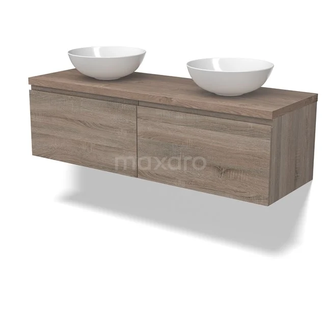 Modulo Plato Badmöbel mit Aufsatzwaschbecken | 140 cm Eiche Grifflos front Mittelbraune Eiche blatt 2 nebeneinanderliegende Schubladen BMK12-01813