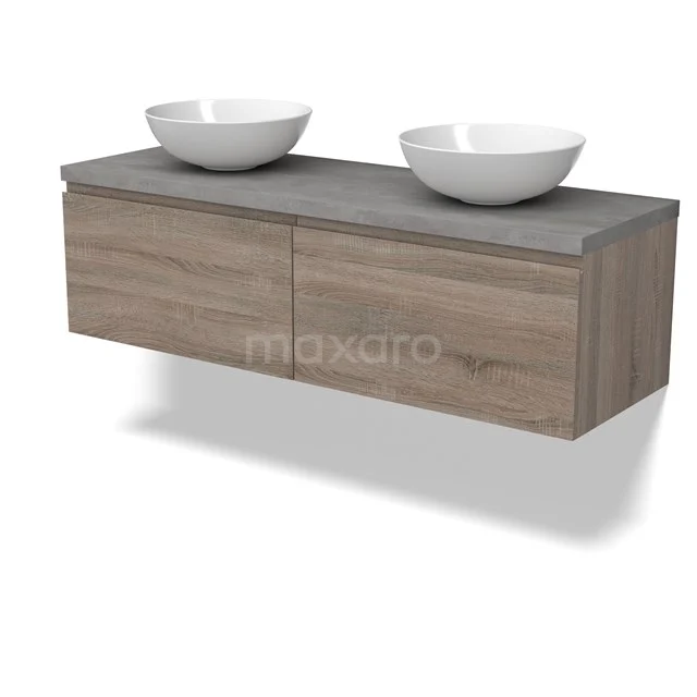 Modulo Plato Badmöbel mit Aufsatzwaschbecken | 140 cm Eiche Grifflos front Hellgrauer Beton blatt 2 nebeneinanderliegende Schubladen BMK12-01816