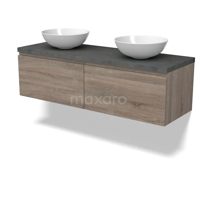 Modulo Plato Badmöbel mit Aufsatzwaschbecken | 140 cm Eiche Grifflos front Dunkelgrauer Beton blatt 2 nebeneinanderliegende Schubladen BMK12-01817