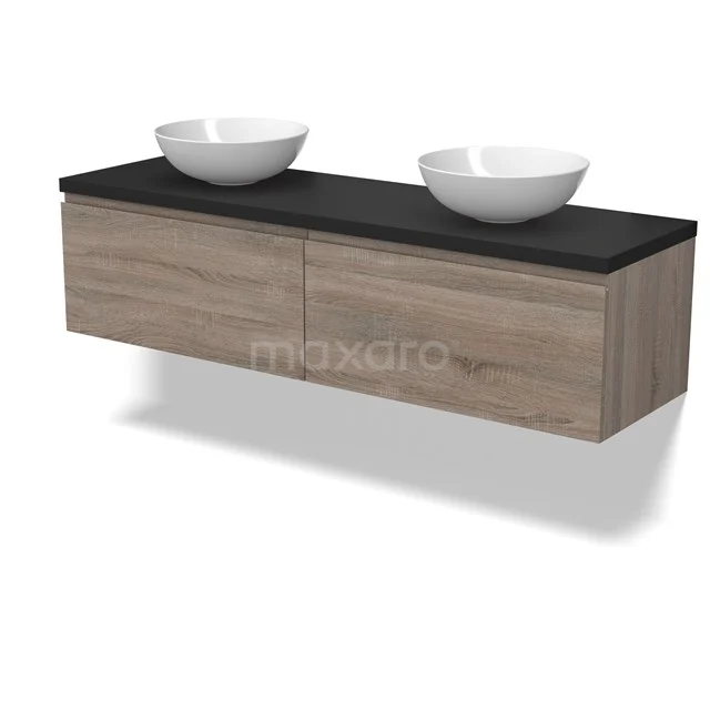 Modulo Plato Badmöbel mit Aufsatzwaschbecken | 160 cm Eiche Grifflos front Matt Schwarz blatt 2 nebeneinanderliegende Schubladen BMK12-01818