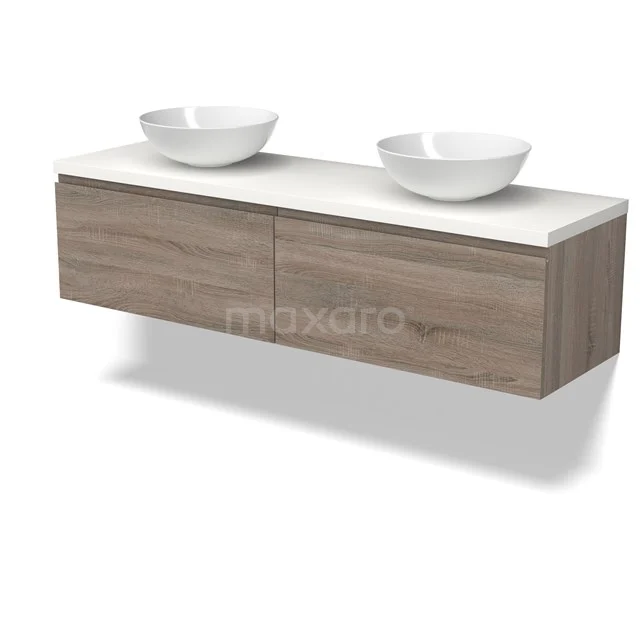 Modulo Plato Vanity units for countertop basin | 160 cm Oak Handle-less front Matte white worktop 2 Side-by-side drawers BMK12-01822