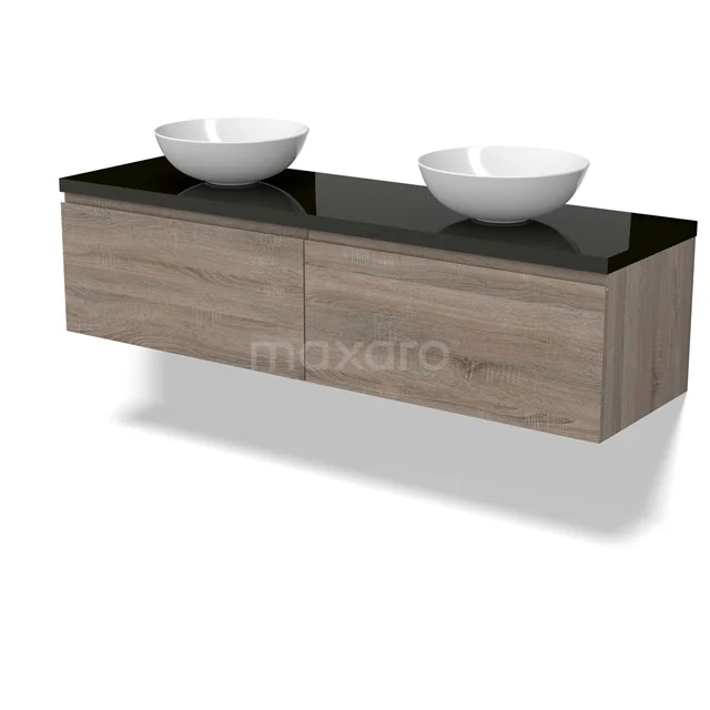 Modulo Plato Vanity units for countertop basin | 160 cm Oak Handle-less front High-gloss black worktop 2 Side-by-side drawers BMK12-01824