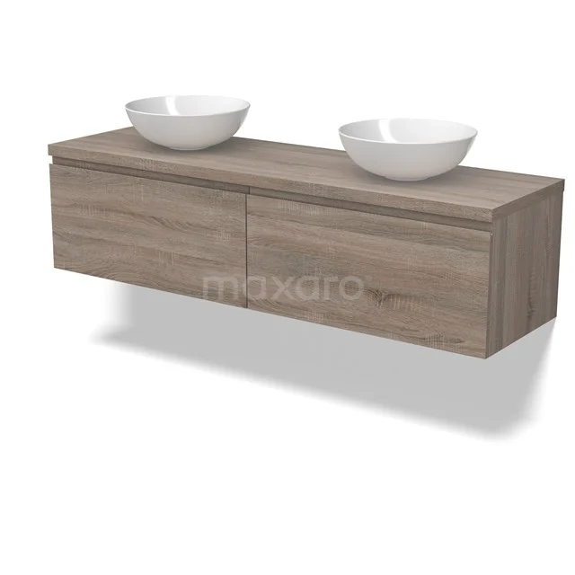 Modulo Plato Badmöbel mit Aufsatzwaschbecken | 160 cm Eiche Grifflos front Eiche blatt 2 nebeneinanderliegende Schubladen BMK12-01827