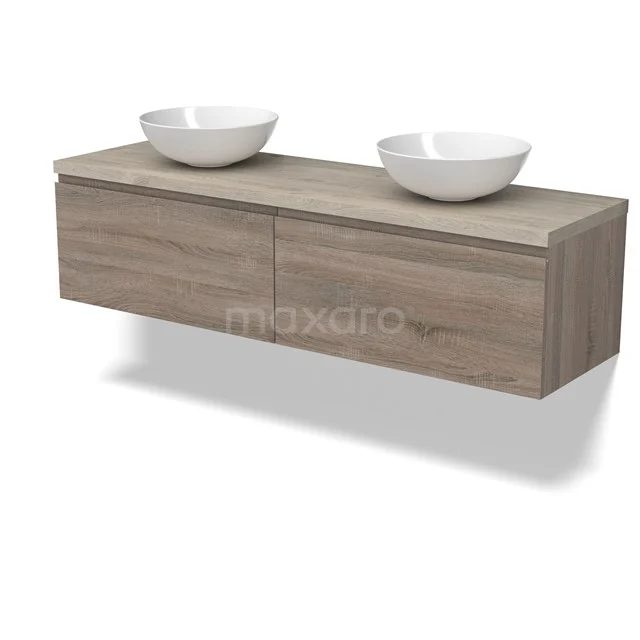 Modulo Plato Badmöbel mit Aufsatzwaschbecken | 160 cm Eiche Grifflos front Hellgraue Eiche blatt 2 nebeneinanderliegende Schubladen BMK12-01828