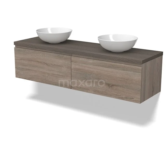 Modulo Plato Badmöbel mit Aufsatzwaschbecken | 160 cm Eiche Grifflos front Dunkelbraune Eiche blatt 2 nebeneinanderliegende Schubladen BMK12-01831