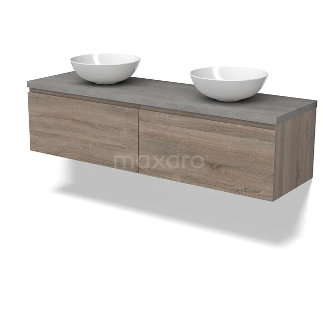 Modulo Plato Badmöbel mit Aufsatzwaschbecken | 160 cm Eiche Grifflos front Hellgrauer Beton blatt 2 nebeneinanderliegende Schubladen BMK12-01833