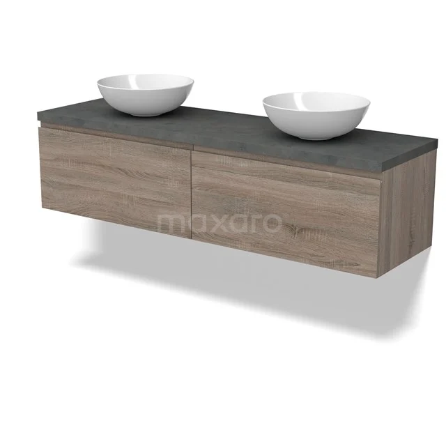 Modulo Plato Badmöbel mit Aufsatzwaschbecken | 160 cm Eiche Grifflos front Dunkelgrauer Beton blatt 2 nebeneinanderliegende Schubladen BMK12-01834