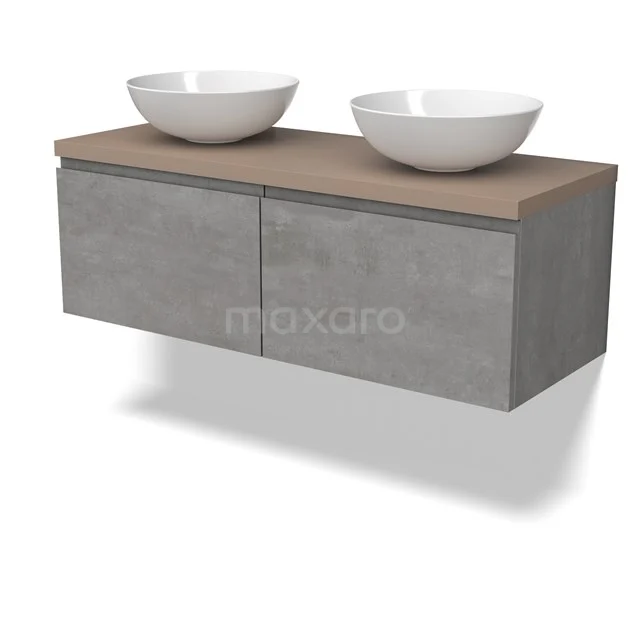 Modulo Plato Badkamermeubel voor waskom | 120 cm Lichtgrijs beton Greeploos front Taupe blad 2 lades naast elkaar BMK12-01844