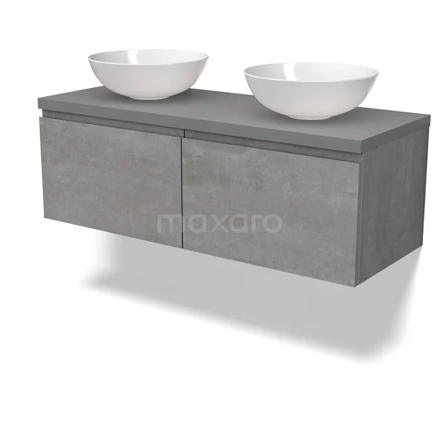 Modulo Plato Badmöbel mit Aufsatzwaschbecken | 120 cm Hellgrauer Beton Grifflos front Mittelgrau blatt 2 nebeneinanderliegende Schubladen BMK12-01845