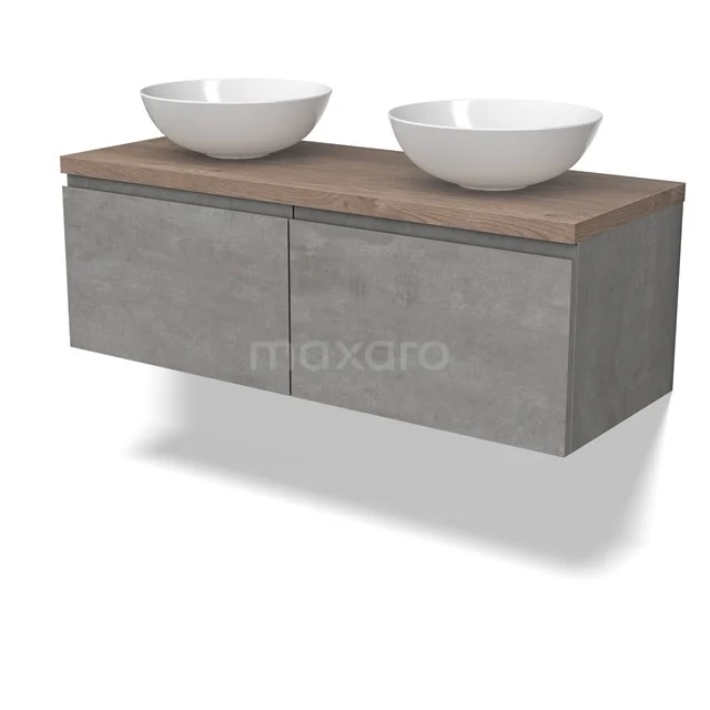 Modulo Plato Vanity units for countertop basin | 120 cm Light grey concrete Handle-less front Mid brown oak worktop 2 Side-by-side drawers BMK12-01855