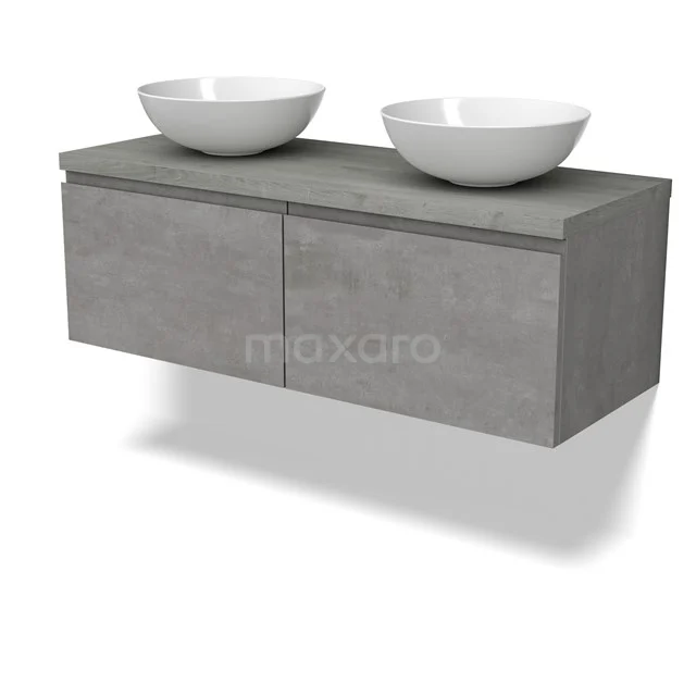 Modulo Plato Vanity units for countertop basin | 120 cm Light grey concrete Handle-less front Grey oak worktop 2 Side-by-side drawers BMK12-01857