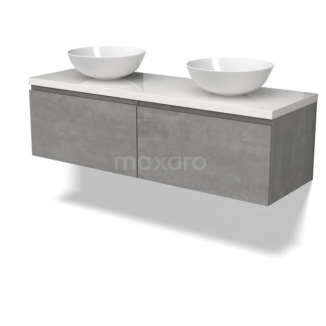 Modulo Plato Badmöbel mit Aufsatzwaschbecken | 140 cm Hellgrauer Beton Grifflos front Hochglanz Weiß blatt 2 nebeneinanderliegende Schubladen BMK12-01862