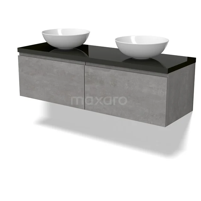 Modulo Plato Vanity units for countertop basin | 140 cm Light grey concrete Handle-less front High-gloss black worktop 2 Side-by-side drawers BMK12-01865