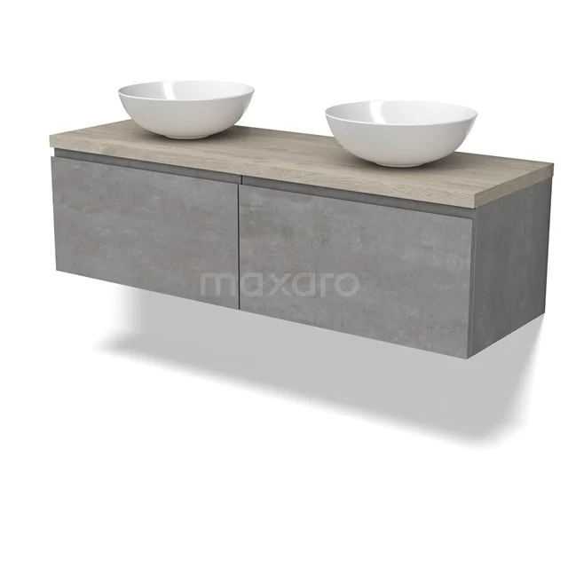 Modulo Plato Badmöbel mit Aufsatzwaschbecken | 140 cm Hellgrauer Beton Grifflos front Hellgraue Eiche blatt 2 nebeneinanderliegende Schubladen BMK12-01867