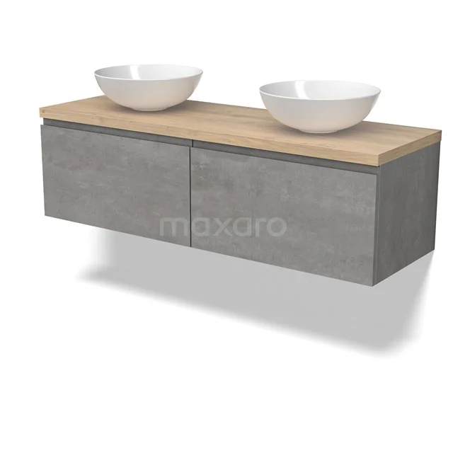 Modulo Plato Badmöbel mit Aufsatzwaschbecken | 140 cm Hellgrauer Beton Grifflos front Hellbraune Eiche blatt 2 nebeneinanderliegende Schubladen BMK12-01868 Modulo Plato Badmöbel mit Aufsatzwaschbecken | 140 cm Hellgrauer Beton Grifflos front Hellbraune Eiche blatt 2 nebeneinanderliegende Schubladen BMK12-01868