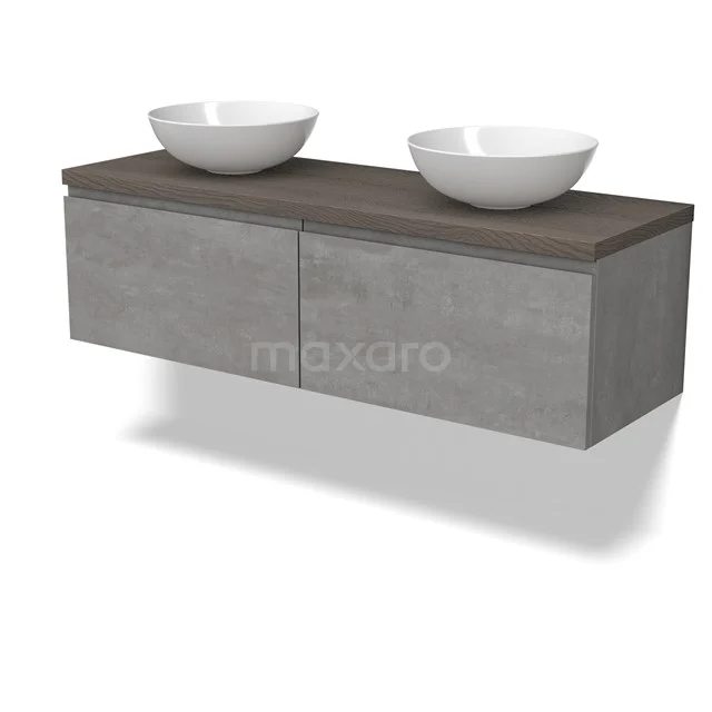 Modulo Plato Vanity units for countertop basin | 140 cm Light grey concrete Handle-less front Dark brown oak worktop 2 Side-by-side drawers BMK12-01870