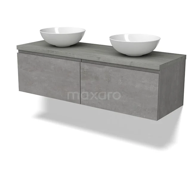 Modulo Plato Badkamermeubel voor waskom | 140 cm Lichtgrijs beton Greeploos front Grijs eiken blad 2 lades naast elkaar BMK12-01871