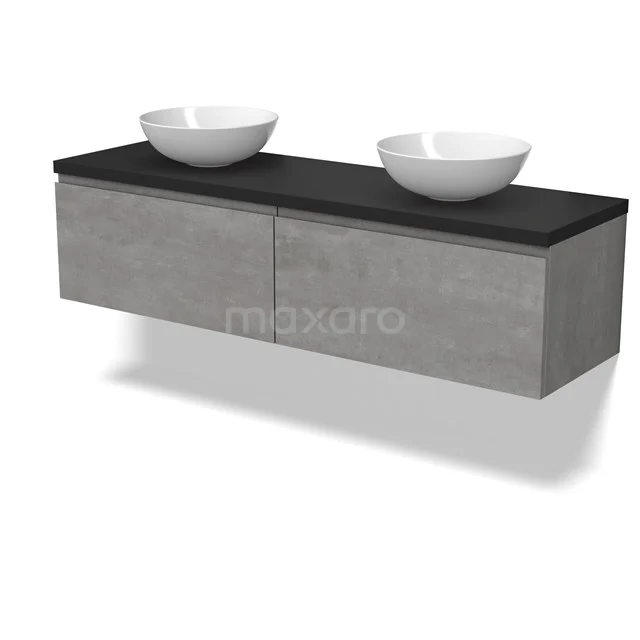 Modulo Plato Badkamermeubel voor waskom | 160 cm Lichtgrijs beton Greeploos front Mat zwart blad 2 lades naast elkaar BMK12-01874