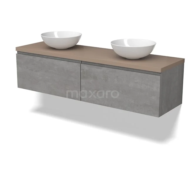 Modulo Plato Badmöbel mit Aufsatzwaschbecken | 160 cm Hellgrauer Beton Grifflos front Taupe blatt 2 nebeneinanderliegende Schubladen BMK12-01875