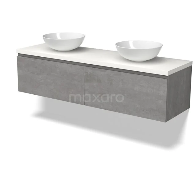 Modulo Plato Badmöbel mit Aufsatzwaschbecken | 160 cm Hellgrauer Beton Grifflos front Matt Weiß blatt 2 nebeneinanderliegende Schubladen BMK12-01878