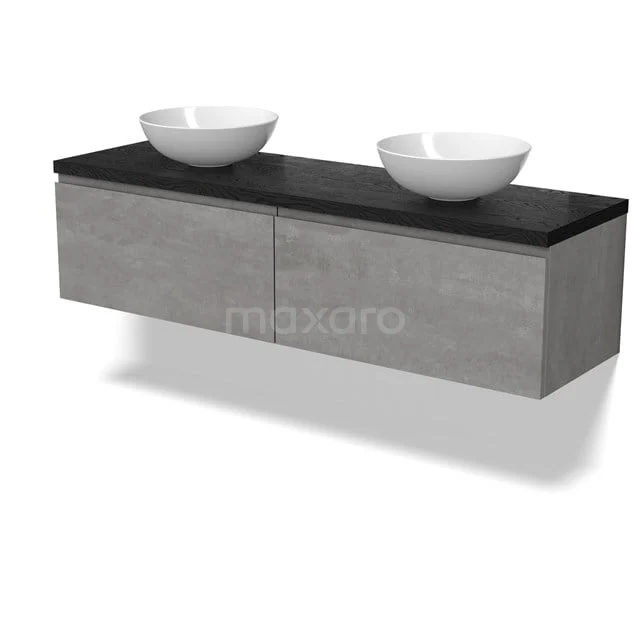 Modulo Plato Badkamermeubel voor waskom | 160 cm Lichtgrijs beton Greeploos front Zwart eiken blad 2 lades naast elkaar BMK12-01882