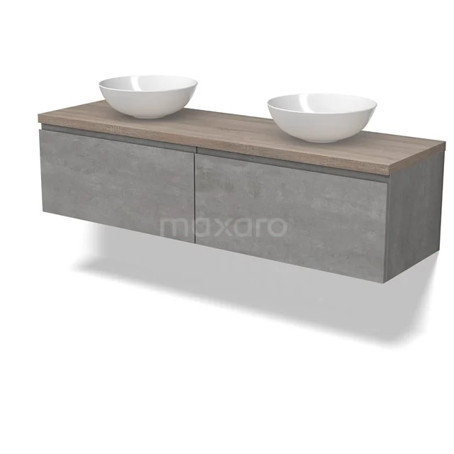 Modulo Plato Badmöbel mit Aufsatzwaschbecken | 160 cm Hellgrauer Beton Grifflos front Eiche blatt 2 nebeneinanderliegende Schubladen BMK12-01883