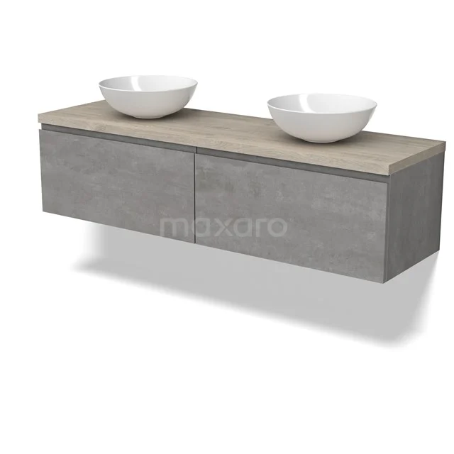 Modulo Plato Badmöbel mit Aufsatzwaschbecken | 160 cm Hellgrauer Beton Grifflos front Hellgraue Eiche blatt 2 nebeneinanderliegende Schubladen BMK12-01884