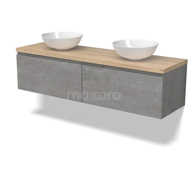 Modulo Plato Badmöbel mit Aufsatzwaschbecken | 160 cm Hellgrauer Beton Grifflos front Hellbraune Eiche blatt 2 nebeneinanderliegende Schubladen BMK12-01885