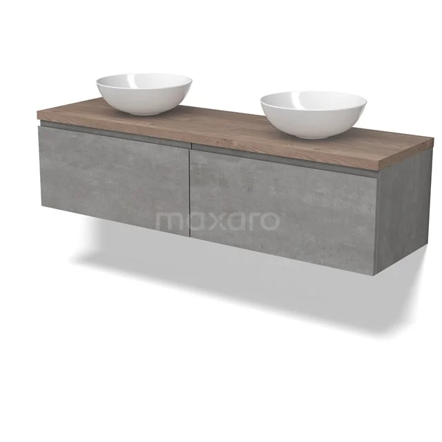 Modulo Plato Badmöbel mit Aufsatzwaschbecken | 160 cm Hellgrauer Beton Grifflos front Mittelbraune Eiche blatt 2 nebeneinanderliegende Schubladen BMK12-01886