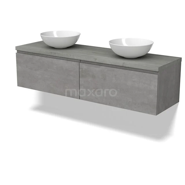 Modulo Plato Vanity units for countertop basin | 160 cm Light grey concrete Handle-less front Grey oak worktop 2 Side-by-side drawers BMK12-01888
