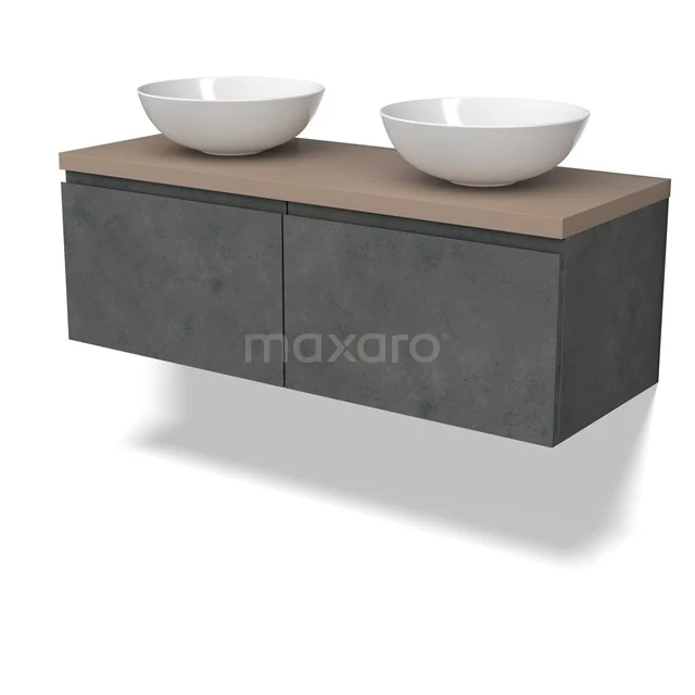 Modulo Plato Badmöbel mit Aufsatzwaschbecken | 120 cm Dunkelgrauer Beton Grifflos front Taupe blatt 2 nebeneinanderliegende Schubladen BMK12-01900